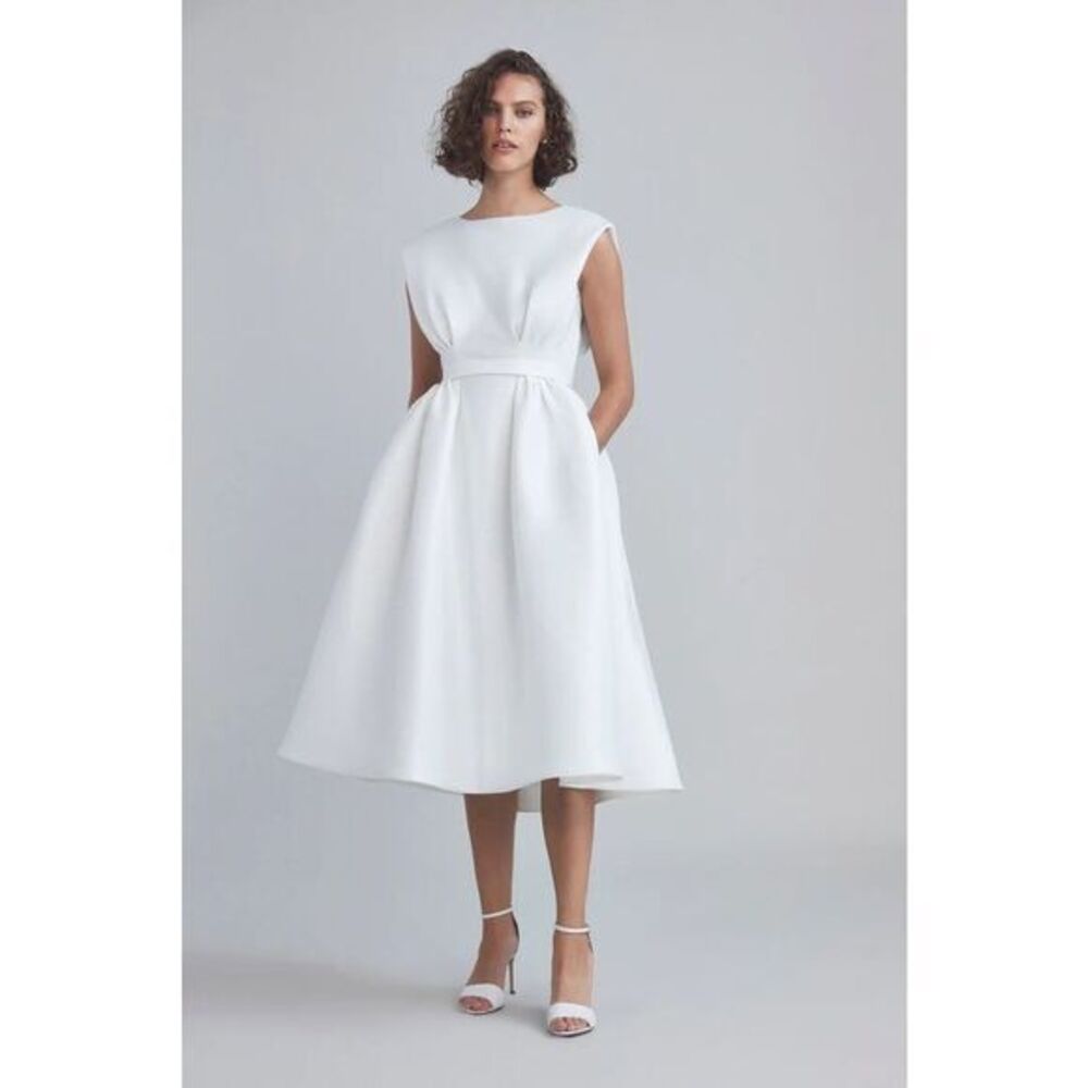 Amsale Mikado A-Line Midi-Dress in color Ivory Size 10